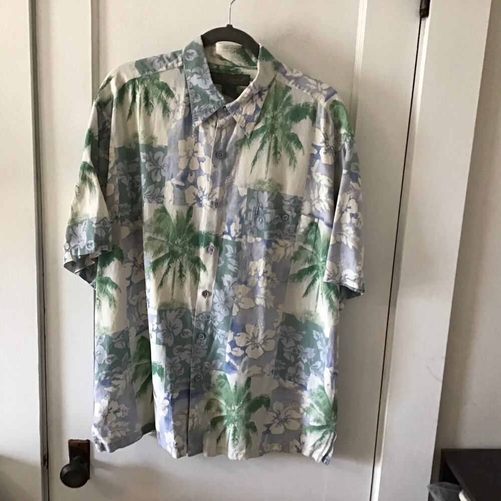 Tori Richard Silk & Linen Blue & Green Hawaiian Aloha Camp Shirt XL